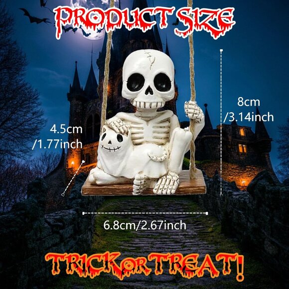 White Mini Resin Swing Skeleton Holding Ghost Cat Statue (3.1in) Halloween Decor - Picture 2 of 7